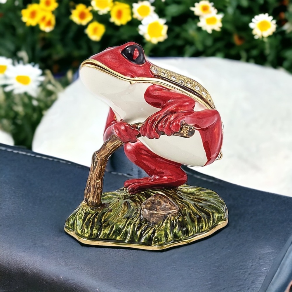 Pewter Bejeweled Crystals RASCAL Red Frog on Branch Trinket Box with Pendant